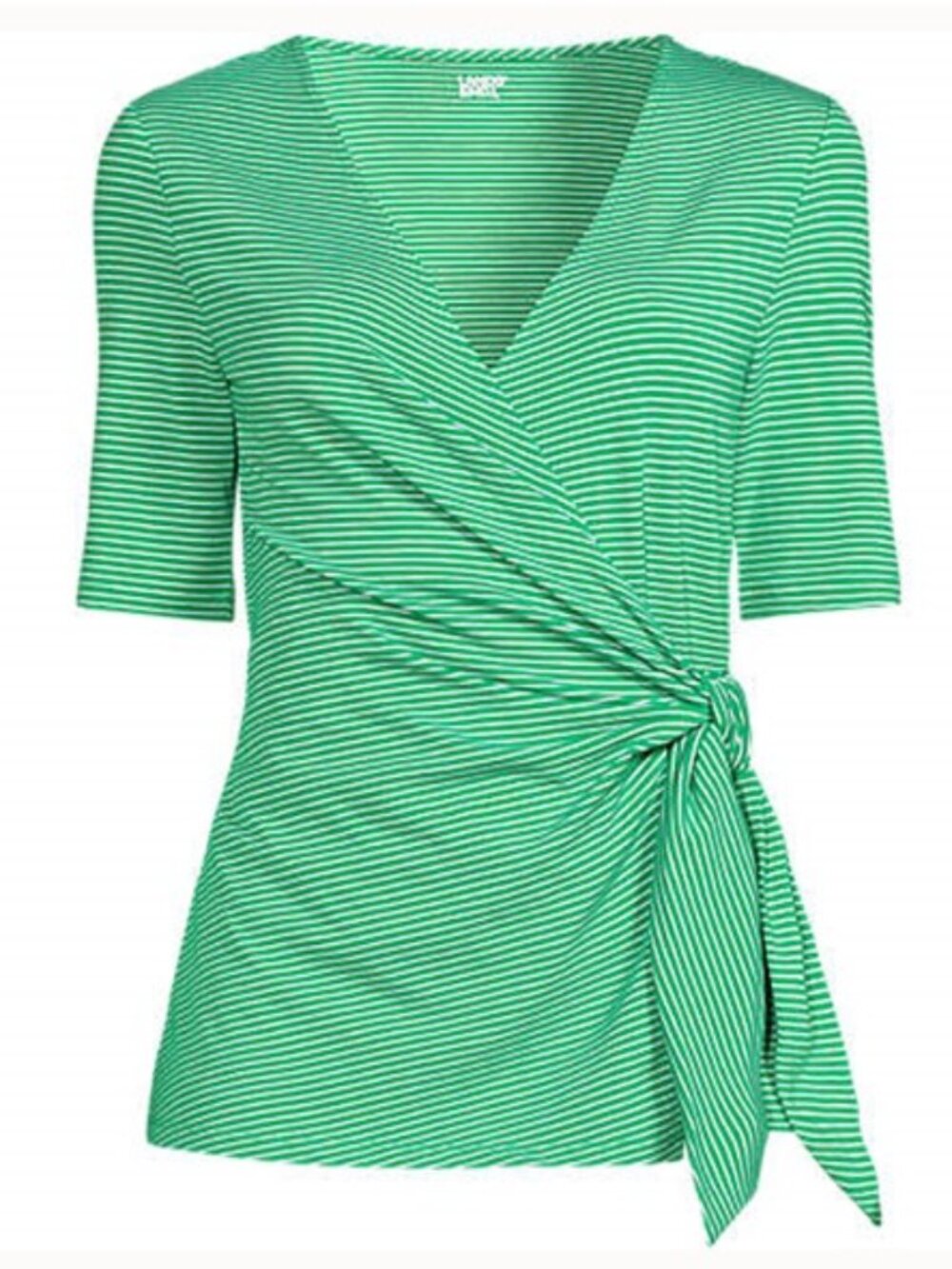 Lands' End NWOT Small Lightweight Jersey Side Tie Blouse - Green/White Stripe